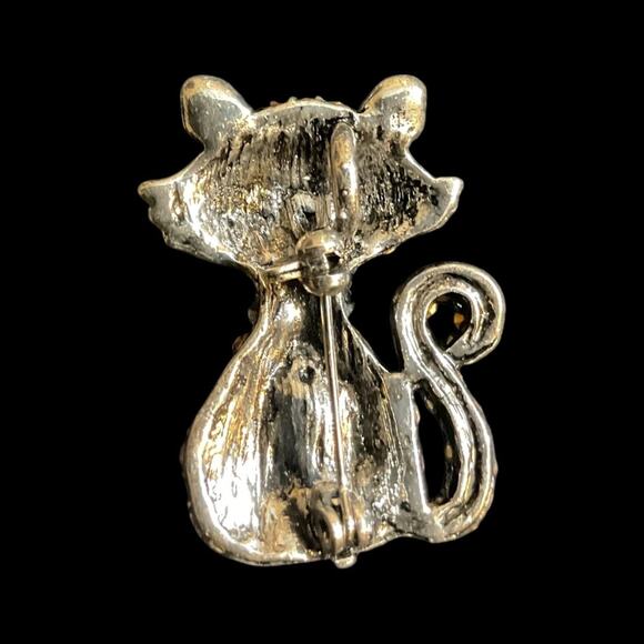 Cat Pink w/ Green Eyes Pin Brooch Multicolored Crystal - New - Picture 2 of 2